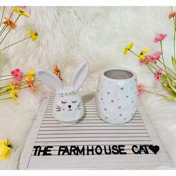 Easter Spring Floral Dimply Ceramic Bunny Canister Jar Home Decor Storage - Picture 3 of 6